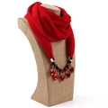 Detail of red chiffon scarf necklace with ruby crystal and black bead decoration - Red