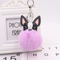 Close-up of a cute black and white dog keychain with a large purple fluffy faux fur pompom - Silver 8-Shape Clasp / Light Purple