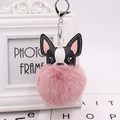 Cute French Bulldog PU leather keychain with a large pink pom pom on white background - Silver 8-Shape Clasp / Dusky Pink