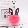 Detail of cute French Bulldog keychain with PU leather head and pink faux fur pompom - Silver 8-Shape Clasp / Watermelon red