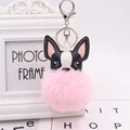 Detail of cute black and white puppy keychain with large pink plush pom-pom and metal clasp - Silver 8-Shape Clasp / Pink