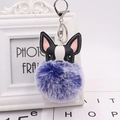 Close-up of cute French Bulldog keychain with purple pom-pom and leather head detail - Silver 8-Shape Clasp / Two-tone Royal Blue