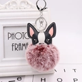 Detail of cute French bulldog plush keychain with pink pompom and silver lobster clasp - Silver 8-Shape Clasp / Two-tone Wine Red