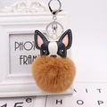 Detail of cute dog pompom keychain with PU leather dog head and brown fur ball - Silver 8-Shape Clasp / Coffee