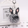 Close-up of cute French Bulldog plush keychain with grey pompom and silver lobster clasp - Silver 8-Shape Clasp / Two-tone Black