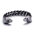 Men's double wolf head bangle with black woven leather cord and steel chain links - Wolf Head