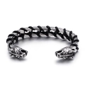 Men's double dragon head leather rope bracelet in silver stainless steel finish - Dragon Head