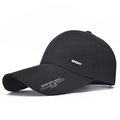 Classic black baseball cap with extended brim and silver sport metal plate accent - Adjustable / Black