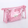 Pink three-piece cosmetic bag set with crown patterns and transparent PVC tote - Rose Red