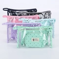 Three-piece transparent travel makeup bag set in mint green with crown pattern - Assorted 6 Colors