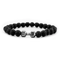 Macro detail of natural lava stone beads with engraved metal dumbbell charm - Gun Black Lava Stone
