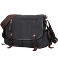 Classic black canvas messenger bag with brown straps and secure buckle closure - Grey Black (No Logo)