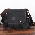 Black canvas messenger bag with brown trim and dual buckle closure for casual daily use - Grey Black (With Logo)