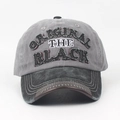 Close-up of vintage distressed embroidery and stitching on washed cotton baseball cap - Adjustable / Grey + Black