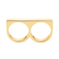 Close-up of golden double finger ring with a minimalist flat rectangular top design - Gold