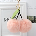 Pink faux fur cherry pom pom keychain with green leaves and gold lobster clasp - Pink