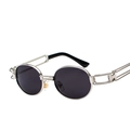 Retro steampunk oval sunglasses with silver metal frame and hollow temple detail - Silver Frame Black Grey Lens