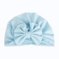 Detailed view of soft light blue cotton baby turban hat with a large decorative bow - Blue