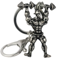 Zilveren metalen sleutelhanger met een gespierde bodybuilder die gewichten heft - Gewichtheffen Bodybuilder-Antiek Zilver (KC033s)