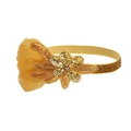 Detail of vintage gold feather headband with sequins, beads, and a central rhinestone - Gold