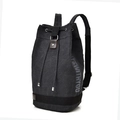 Black canvas bucket style backpack with leather buckle and side text print details - Small / Black
