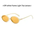 Retro oval sunglasses with off-white frames, tea tinted lenses and gold rivet accents - Beige Frame Light Tea Lens