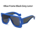 Blue square frame futuristic sunglasses with dark grey lenses and gold metal trim - Blue Frame Gray Lens
