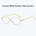 Retro oval sunglasses with beige frames and clear lenses featuring gold rivet hinges - Rice White Frame Clear Lens
