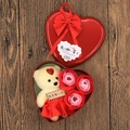 Red heart-shaped gift box with cream teddy bear and three soap roses on dark wood - Heart Tin Box (3 Flowers + Bear) Red Hard Bear