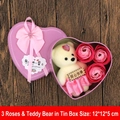 Pink heart-shaped tin gift box with three soap roses and a small plush bear - Heart Tin Box (3 Flowers + Bear) Pink Hard Bear