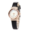 Montre à quartz tendance avec bracelet en cuir noir, boîtier rose doré et cadran serti - Noir