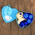 Detailed view of heart-shaped tin box with blue soap flowers and a white plush bear - Heart Tin Box (3 Flowers + Bear) Blue Hard Bear