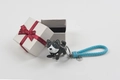Puppy keychain with blue braided strap and elegant gift box for couples - Grey Dog with Braided Rope and Gift Box