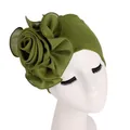 Detail view of large olive green chiffon floral ornament on an elastic turban cap - Army Green