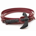 Red multi-layer leather wrap bracelet with black metal anchor clasp on white background - Burgundy