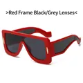 Oversized square sunglasses in vibrant red frame with grey lenses and gold accents - Red Frame Dark Grey Lens