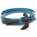 Detail of blue leather wrap bracelet featuring a textured black metal axe pendant closure - Sky Blue