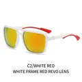 White square frame sports sunglasses with orange mirror lens and red temple tips - White Frame Red Mirror