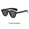 Retro oval sunglasses in black frame with black grey lenses and gold rivets - Black Frame Black Grey Lens
