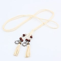 Handwoven beige suede waist belt with wooden beads and tassels for Hanfu outfits - Beige