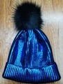 Winter knitted beanie in bright blue with gold stripes and a black faux fur pom-pom - Adult / Sapphire Blue