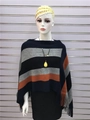 Detailed view of striped knit poncho with fringe trim and navy blue horizontal patterns - Tops / Navy Orange / 60-80cm