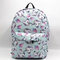 Vista frontale dello zaino unicorno azzurro con motivi a cuore e tasca anteriore con zip - Unicorno del Cuore