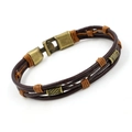 Men's multilayer woven leather bracelet with vintage bronze buckle in brown finish - Light Brown
