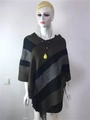 Detail of knit poncho fringe hem showing green and grey diagonal stripe texture - Tops / Army Green / 60-80cm