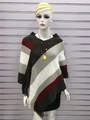 Close-up of striped knit poncho featuring fringe trim detail in autumn earth tones - Tops / Coffee Red / 60-80cm