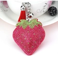 Sparkling strawberry keychain with red rhinestones and a soft velvet tassel - Rose Red with Light Green Leaf