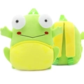 Cute green plush frog backpack for kids with adjustable yellow straps and soft material - Frog