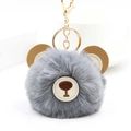 Cute grey fluffy bear pompom keychain with brown leather ears and golden metal clasp - Medium Grey
