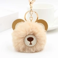 Cute brown bear plush pompom keychain with faux rabbit fur and leather ears for bags - Beige Khaki